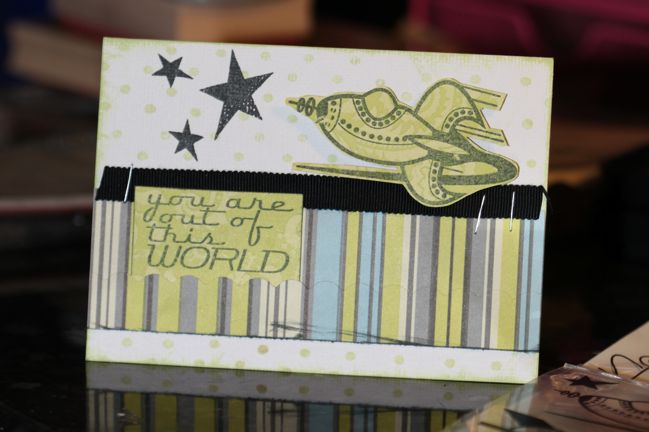 birthday card with banana frog rocket ship stamps