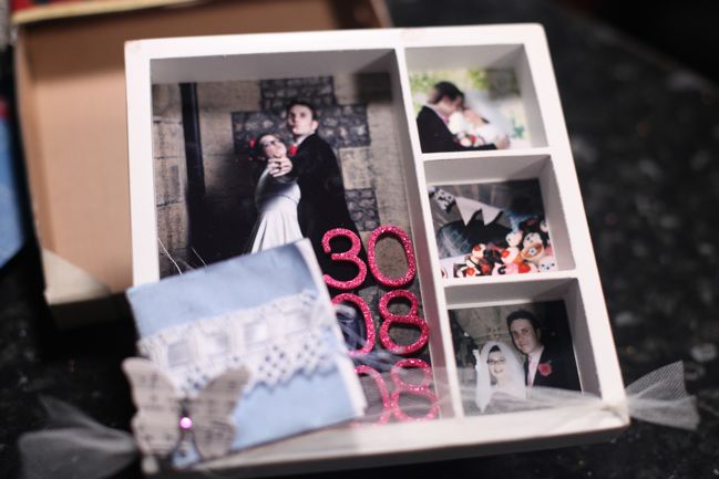 scrapbooking shadow box with wedding memorabilia