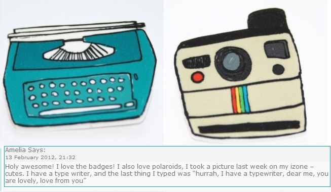 typewriter + polaroid badges