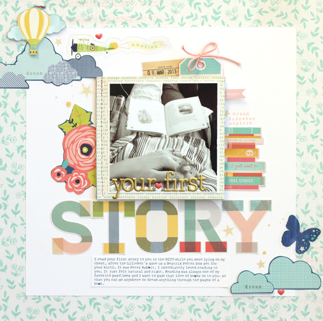 Finding stories to scrapbook the baby days - scrapbook page by Meghann Andrew