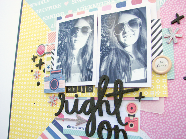 bold patterned papers in scrapbook page design // scrapbook page by Nicole Nowosad