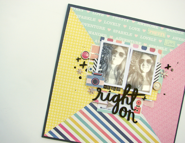 bold patterned papers in scrapbook page design // scrapbook page by Nicole Nowosad