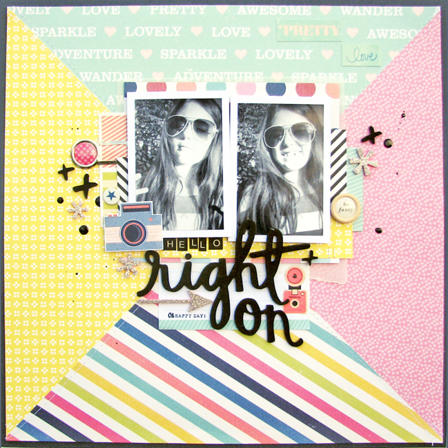 bold patterned papers in scrapbook page design // scrapbook page by Nicole Nowosad