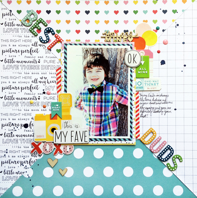 bold patterned papers in scrapbook page design // scrapbook page by Cathy Martin