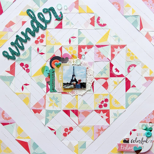 quilted composition with diagonal lines // scrapbook page by Laureen Wagener