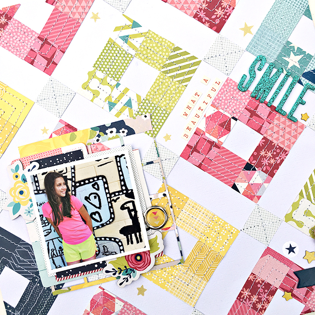 quilted composition with diagonal lines // scrapbook page by Heather Leopard