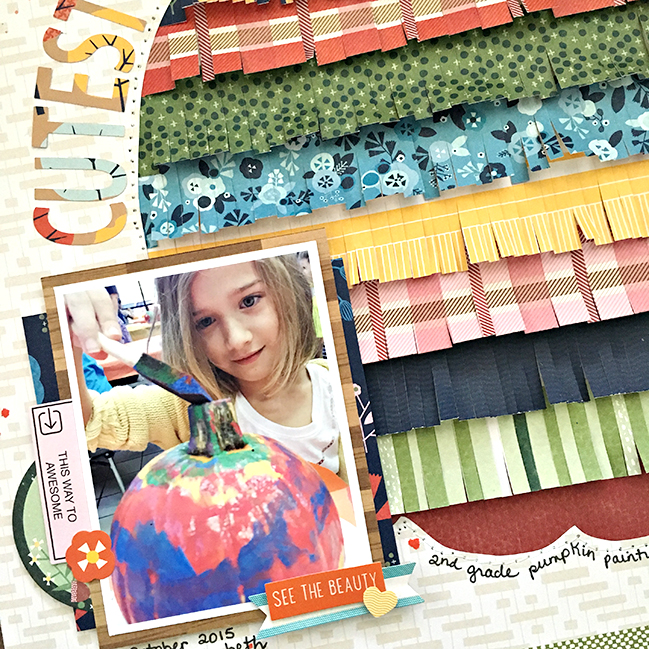 Patterned Paper Fringe and a free pumpkin cut file // scrapbook page by Heather Leopard