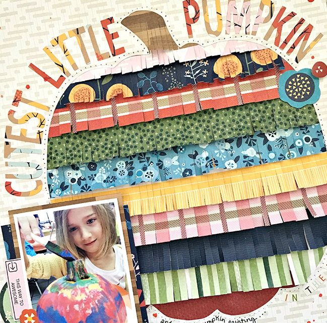 Patterned Paper Fringe and a free pumpkin cut file  // scrapbook page by Heather Leopard
