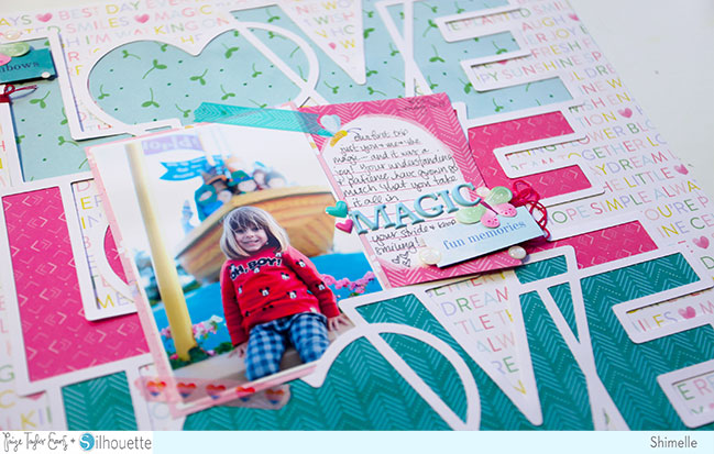 scrapbook page with the Bloom Street paper collection and Love Love Love cut file, both from Paige Evans