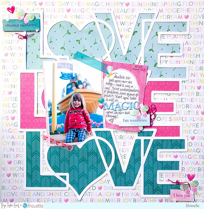 scrapbook page with the Bloom Street paper collection and Love Love Love cut file, both from Paige Evans