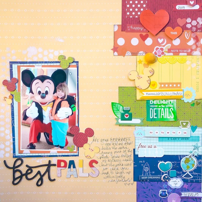 Scrapbook page with rainbow paper scrap border by Shimelle