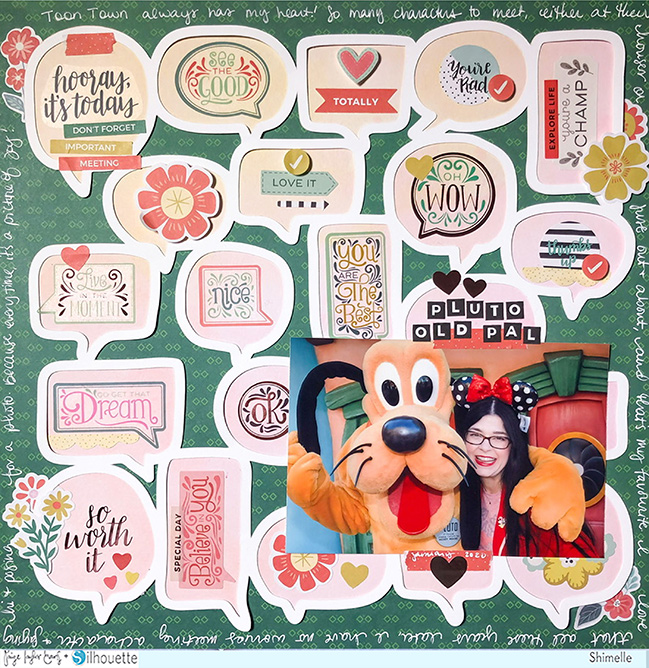 speech bubble scrapbook page by Shimelle with Paige Evans cut file